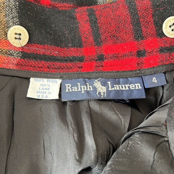 Vintage Ralph Lauren 100% Wool Plaid Pleated Lined Midi Skirt Black Red Size 4 - Picture 4 of 8